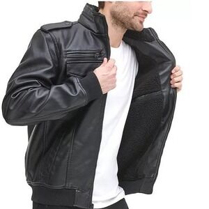 Levis Faux Leather Sherpa Lined Bomber Jacket Black Aviator Flight Coat